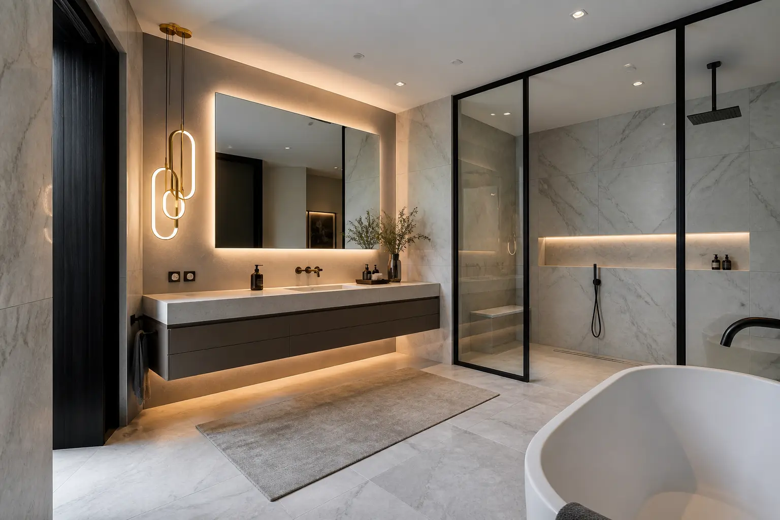 Contemporary primary bathroom with floating vanity, backlit mirror and black framed glass shower