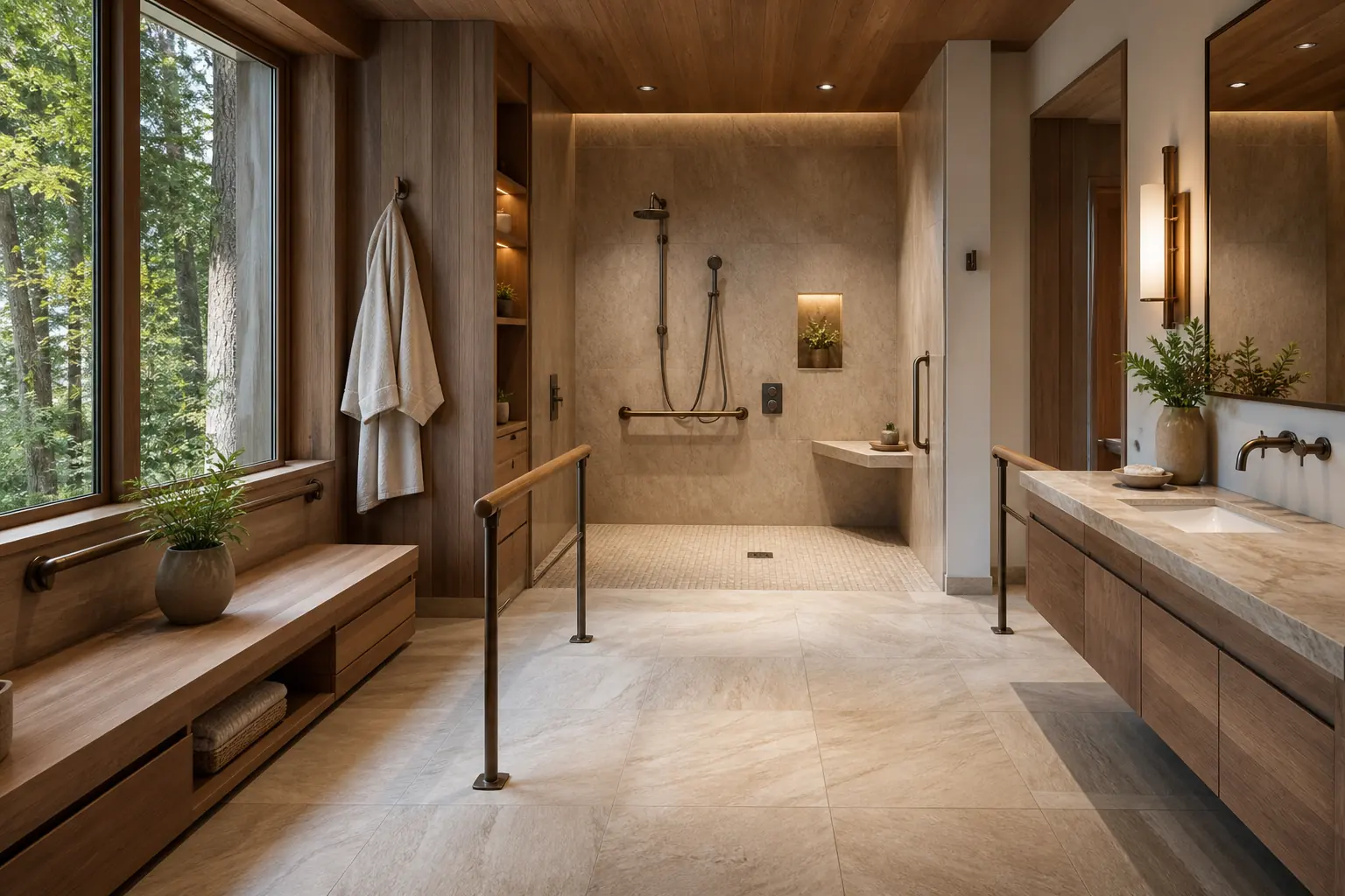 Woodside accessible bathroom with a curbless stone shower, bronze grab bars, oak vanity and woodland window views