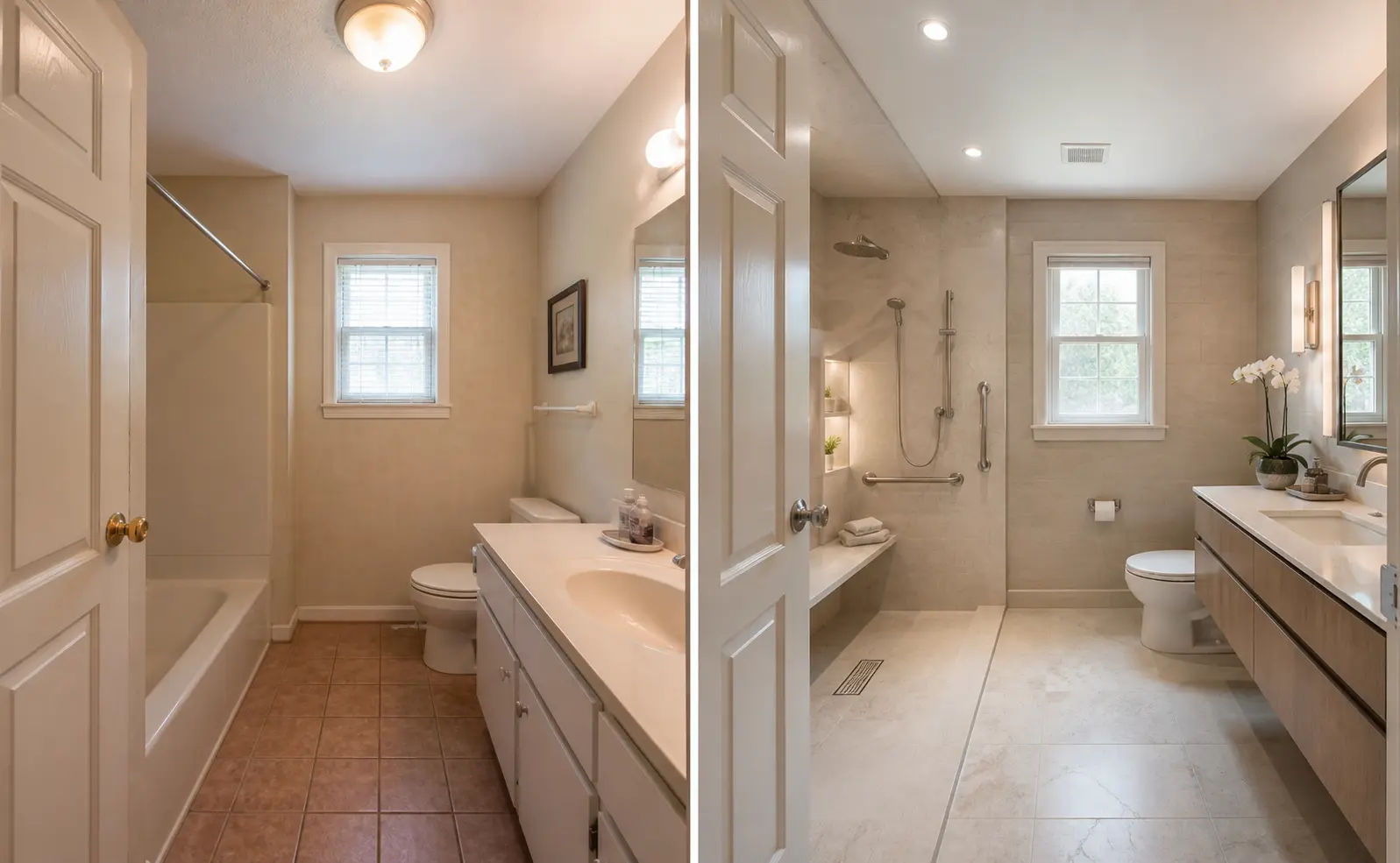 Accessible bathroom before and after, from a standard tub to a curbless roll-in shower with a bench and grab bars