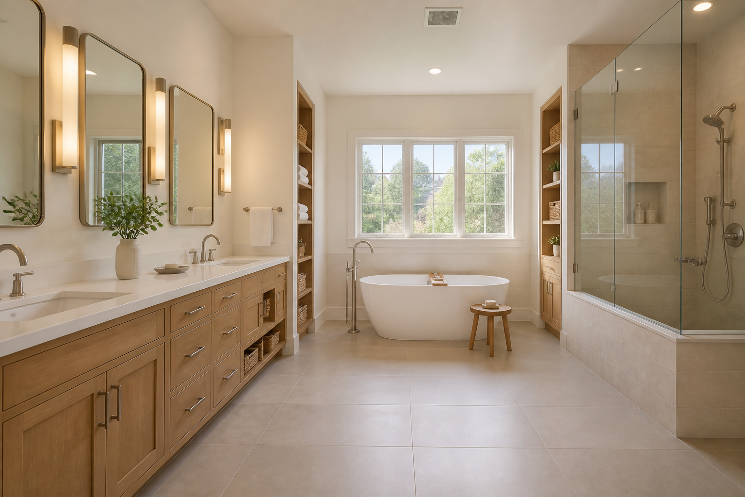 Los Altos family bathroom with a double oak vanity, freestanding tub and built-in linen shelving