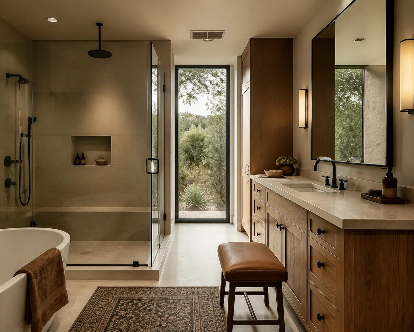 Rolling Hills equestrian estate bathroom with rift oak cabinetry, limestone shower and a full-height garden window