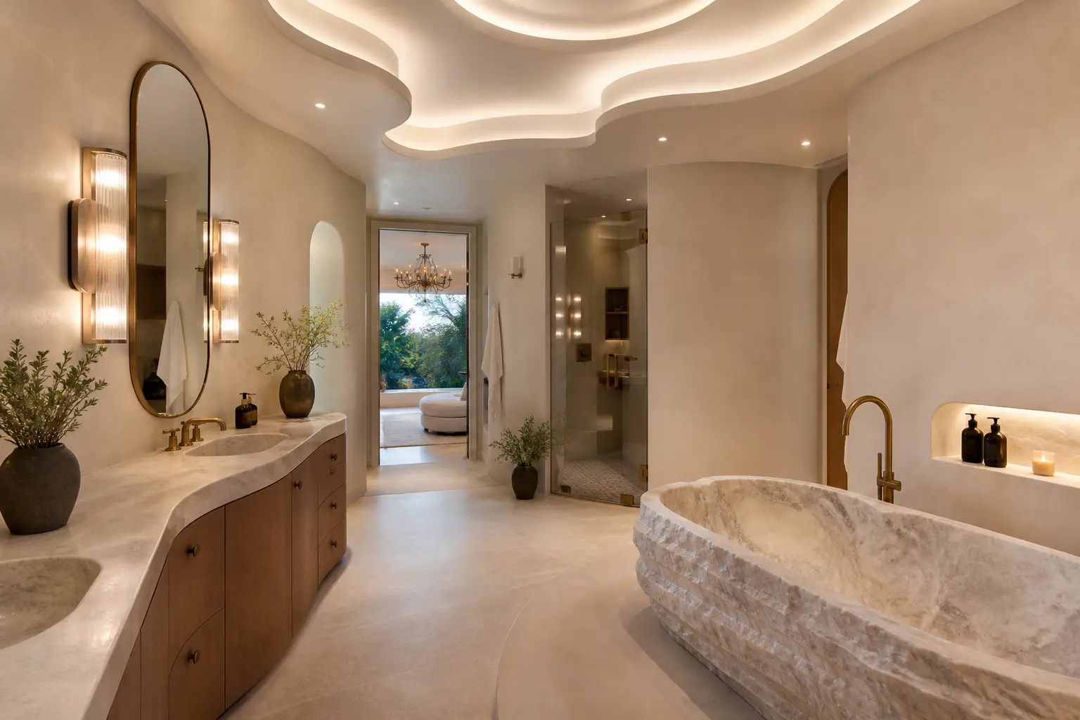 Organic modern primary bathroom with curved plaster ceiling and carved stone tub