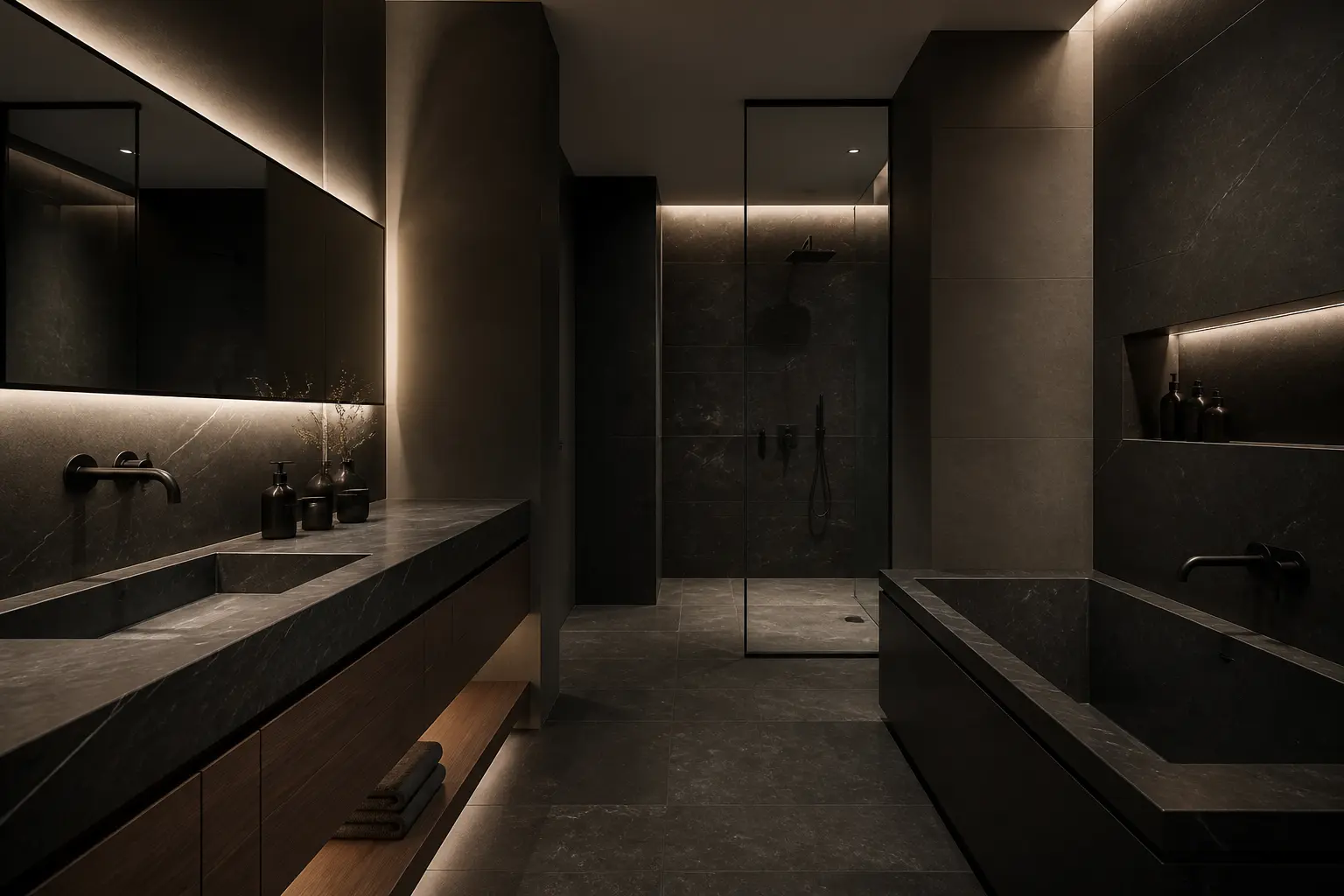 Dark contemporary bathroom with charcoal stone surfaces and a stone trough sink