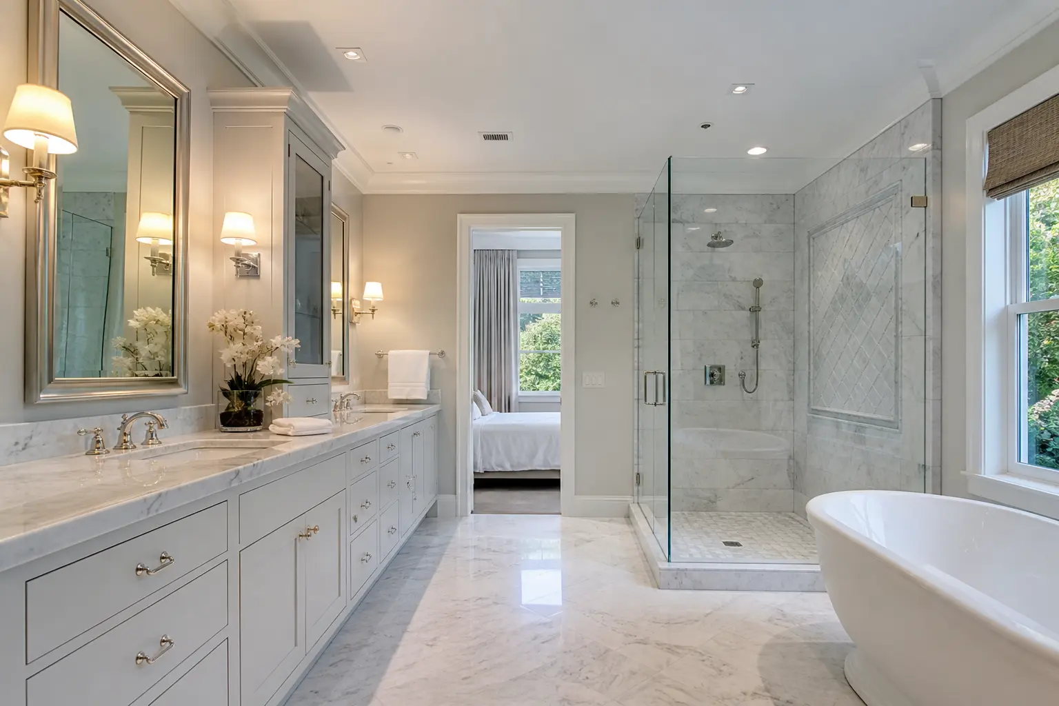 Classic bathroom remodel with white cabinetry, Carrara marble and glass corner shower