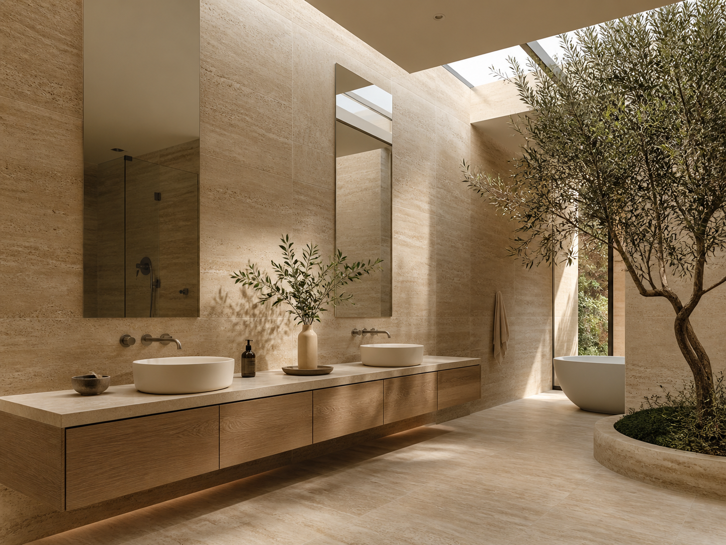Organic modern Atherton bathroom clad in travertine with a floating oak vanity and olive tree