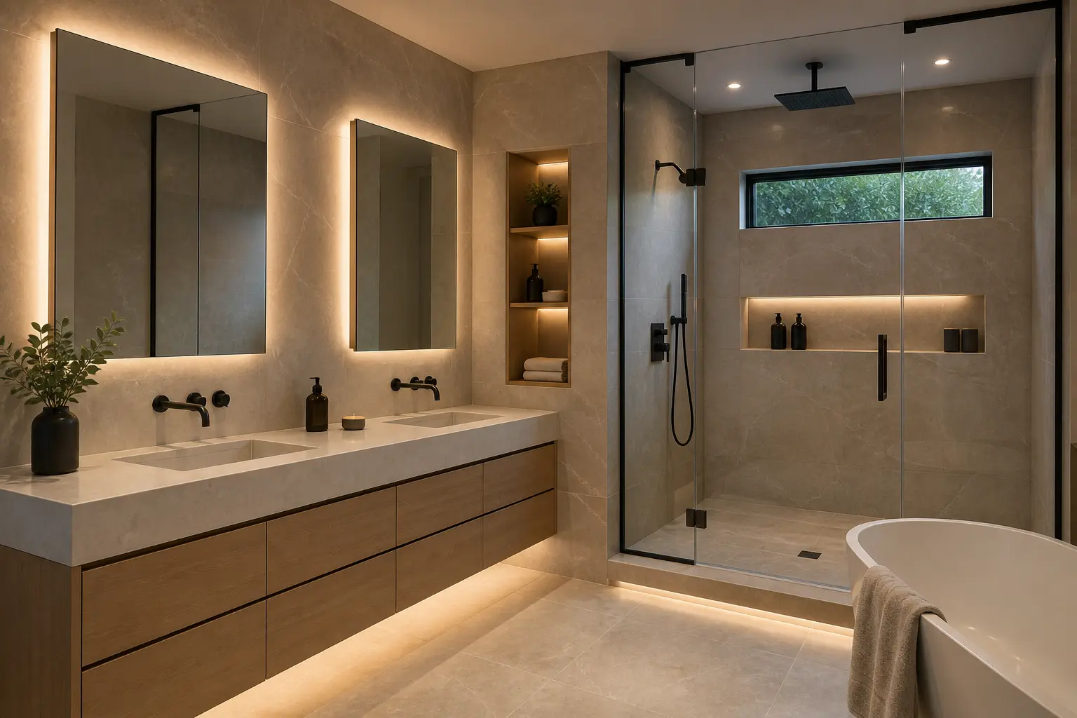 Modern bathroom remodel with backlit mirrors, matte black fixtures and limestone tile