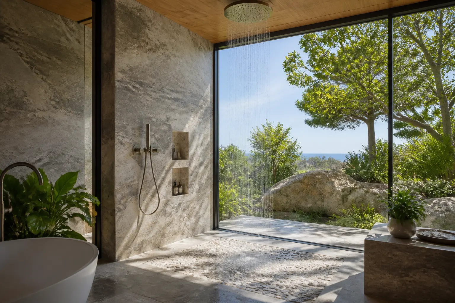 Indoor outdoor stone walk-in shower with pebble floor and garden view