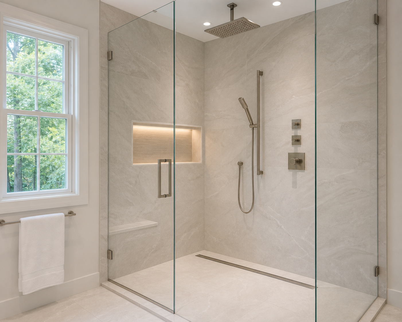 Los Altos luxury shower replacement with large-format stone tile, lit niche and frameless glass