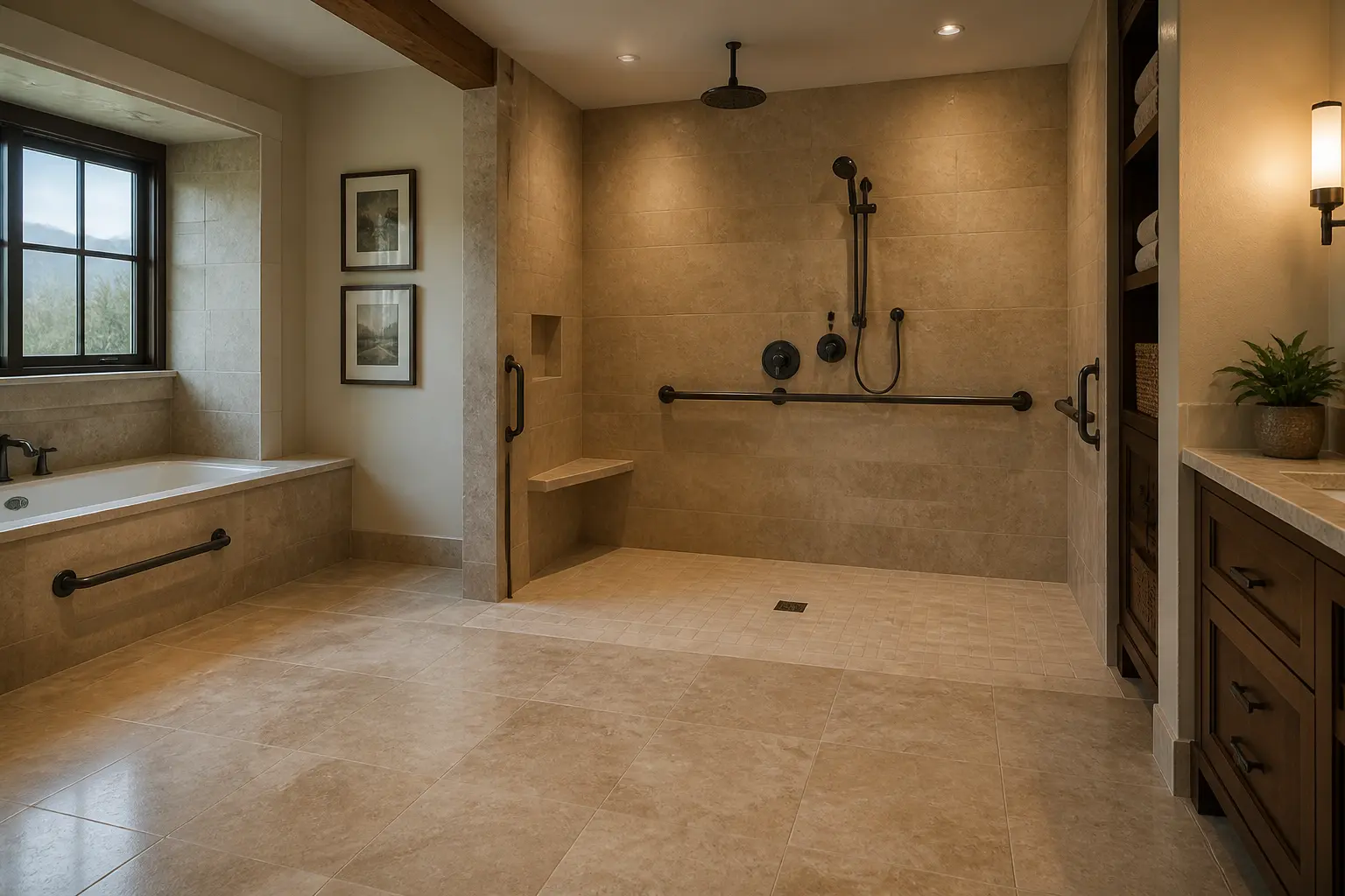 Rolling Hills accessible bathroom with a curbless roll-in shower, bronze grab bars and a built-in stone bench