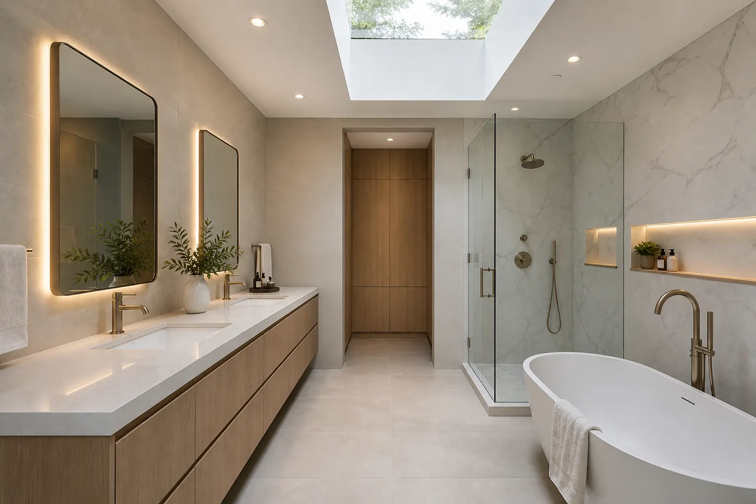 Contemporary Saratoga primary bathroom with a skylight, backlit mirrors and a floating oak double vanity