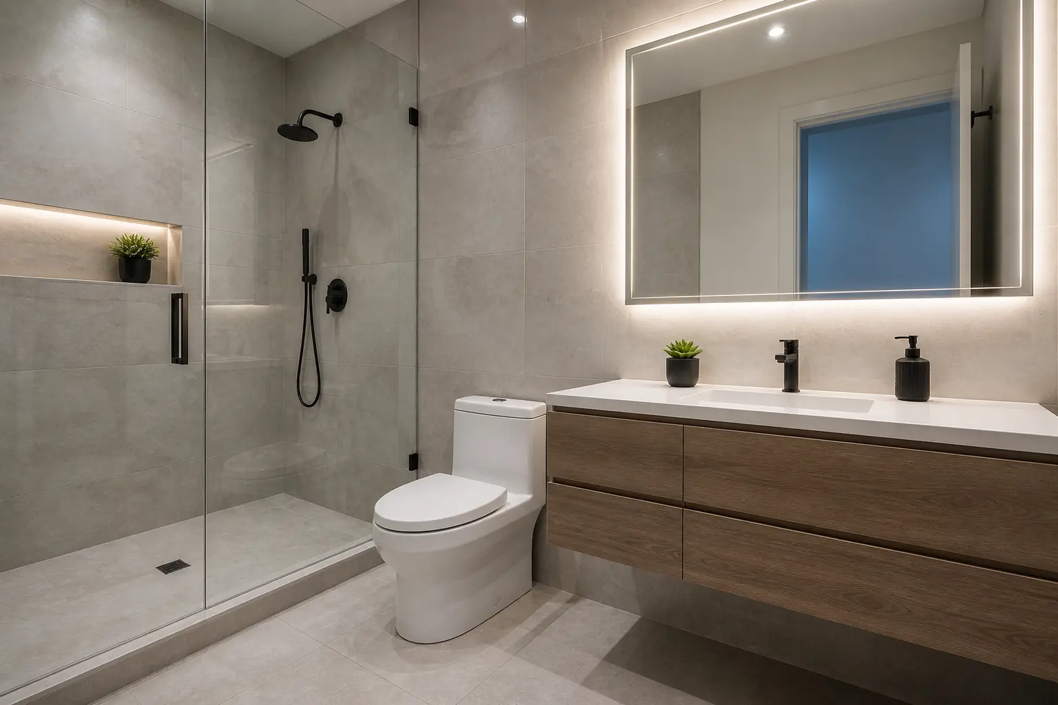 Modern bathroom with backlit mirror, walnut vanity and matte black fixtures