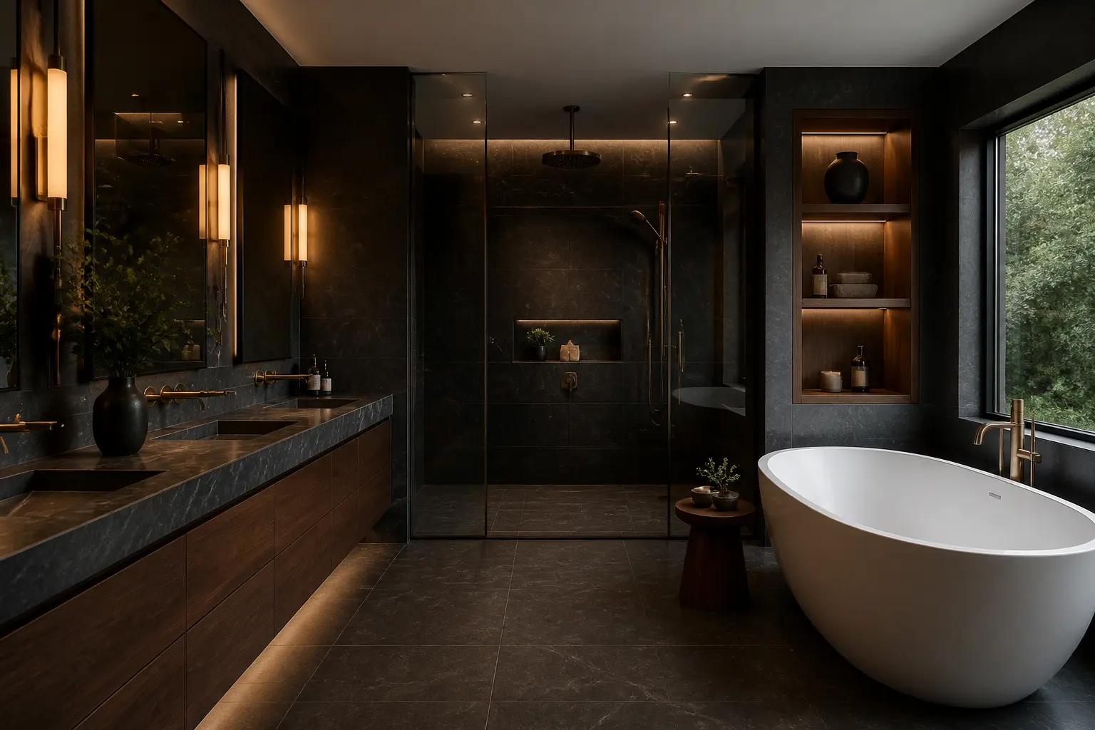 Dark stone bathroom remodel with walnut vanity, lit niches and freestanding tub