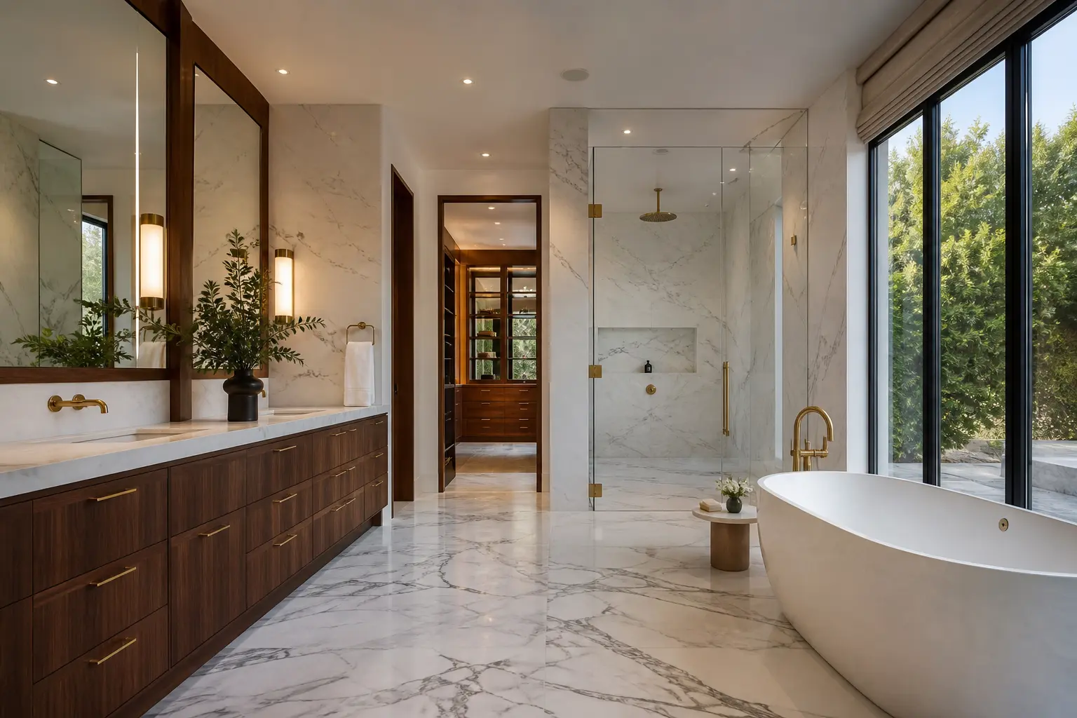 Beverly Hills primary bathroom with marble walls, walnut double vanity and freestanding tub