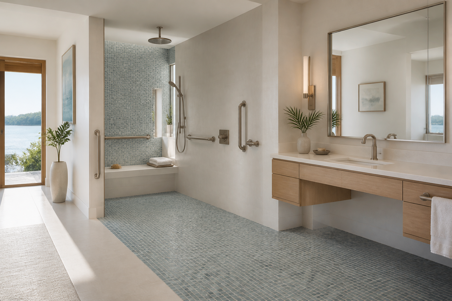 Belvedere accessible bathroom with a curbless shower, grab bars and a seated vanity
