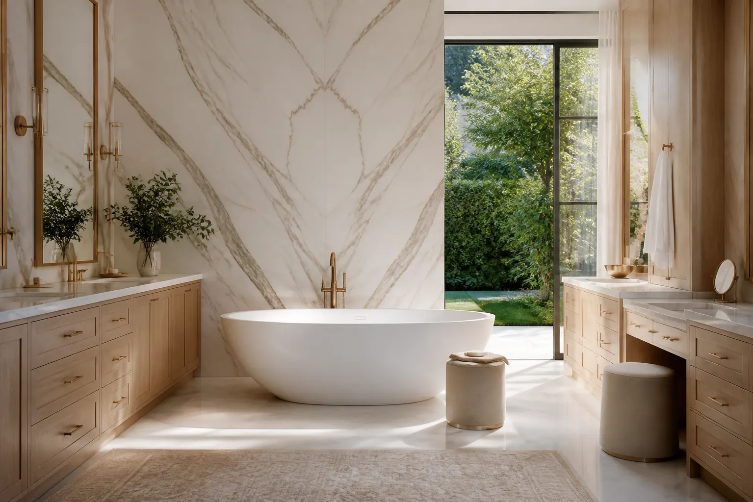 Atherton primary bathroom with bookmatched Calacatta marble wall, oak vanities and a freestanding tub
