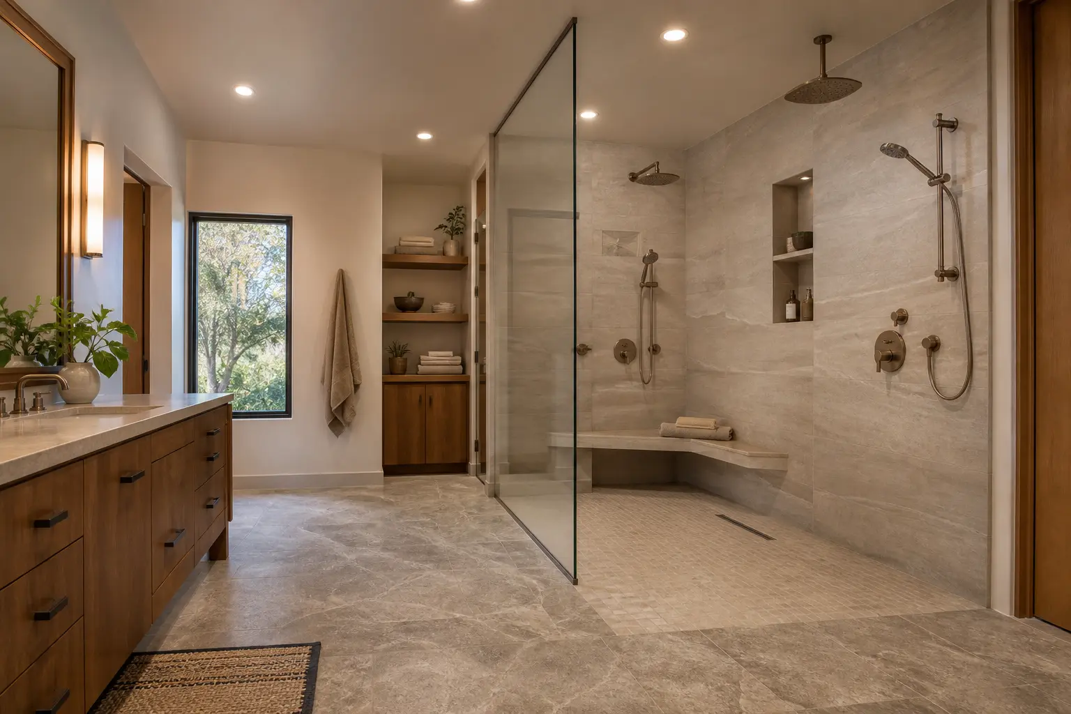 Accessible bathroom with wide wet room shower, corner bench and dual controls