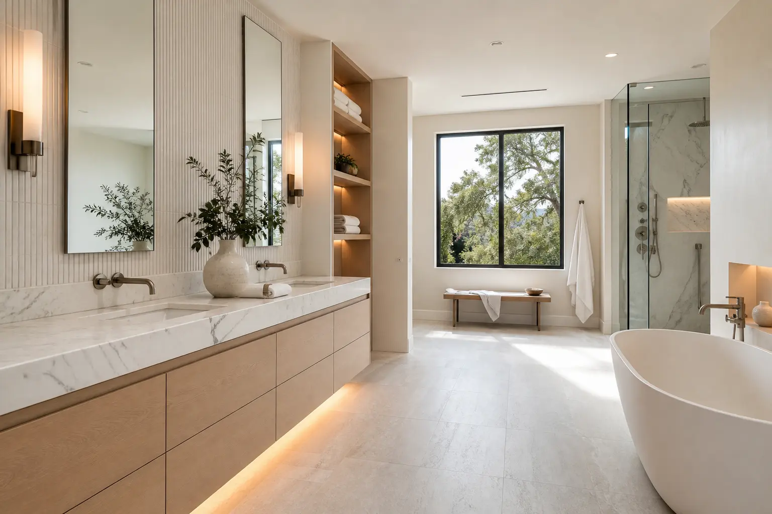 Contemporary bathroom with marble counter, fluted tile wall and oak cabinetry