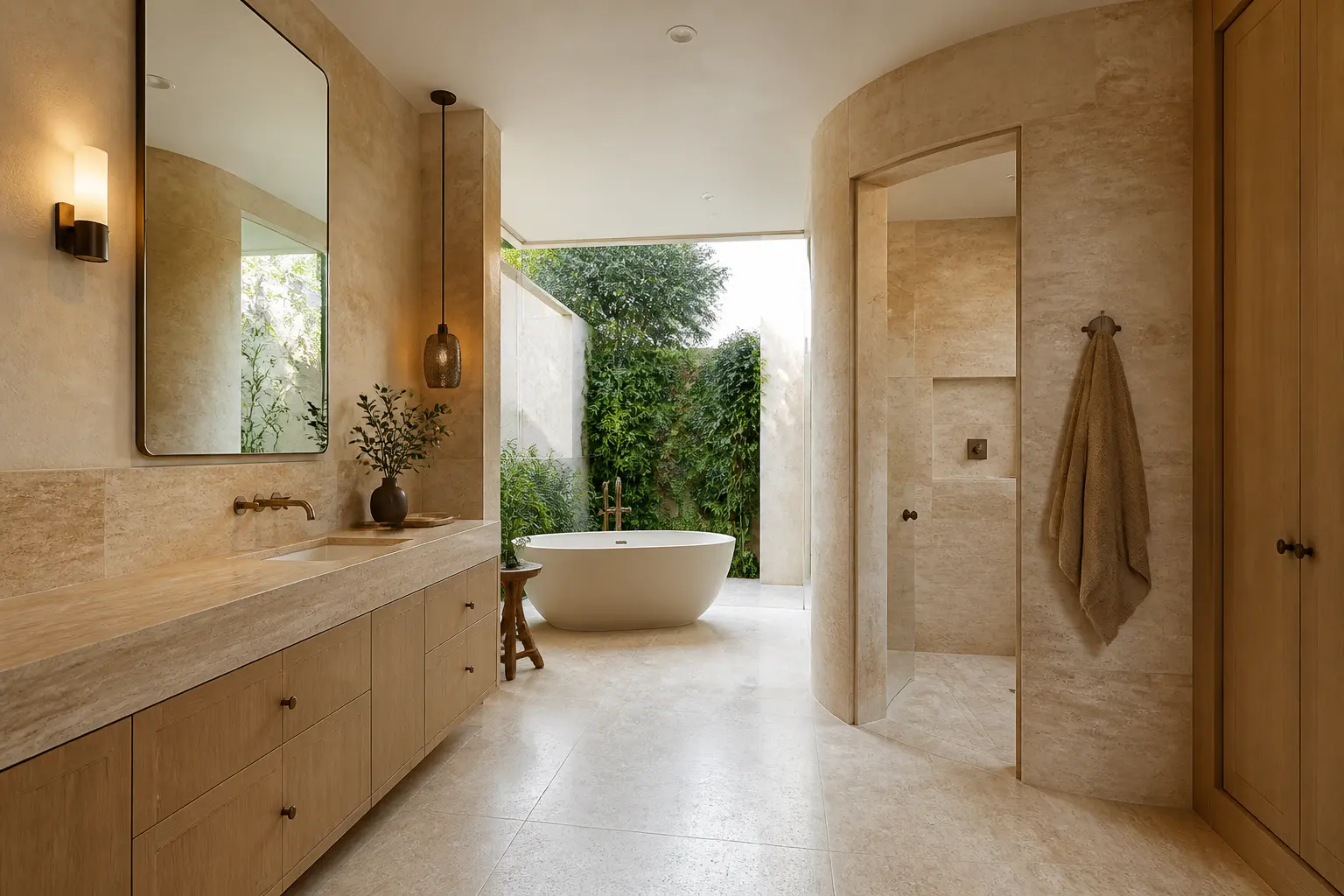 Beverly Hills travertine bathroom with curved shower wall and courtyard garden