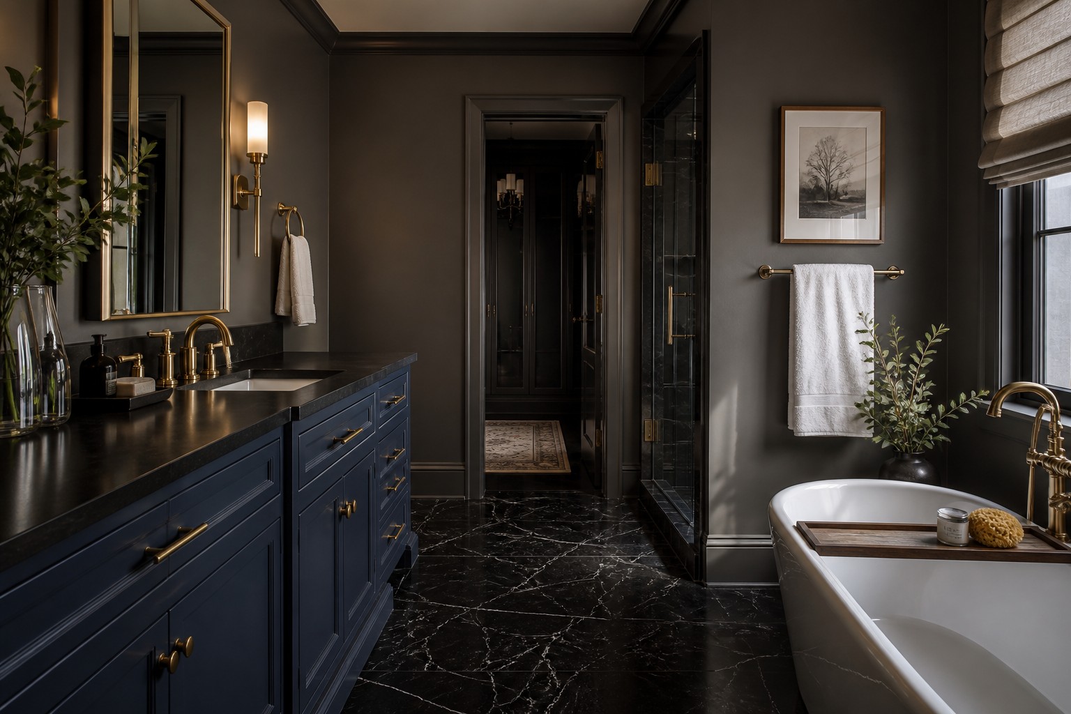 A luxury bathroom featuring dark blue cabinetry, black marble flooring, a freestanding tub, and gold hardware.