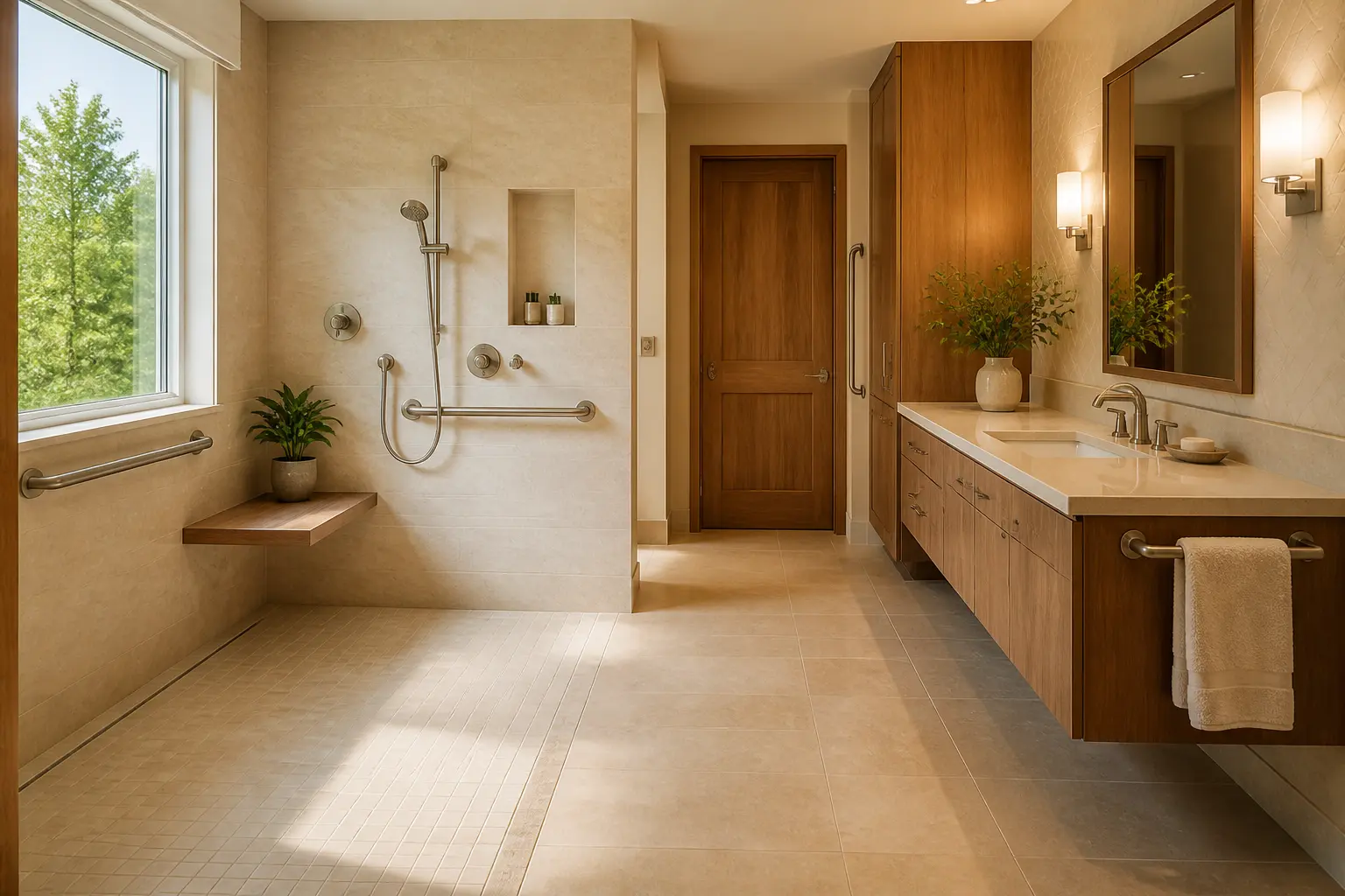 Saratoga accessible bathroom with a curbless shower, grab bars, fold-down bench and seated vanity