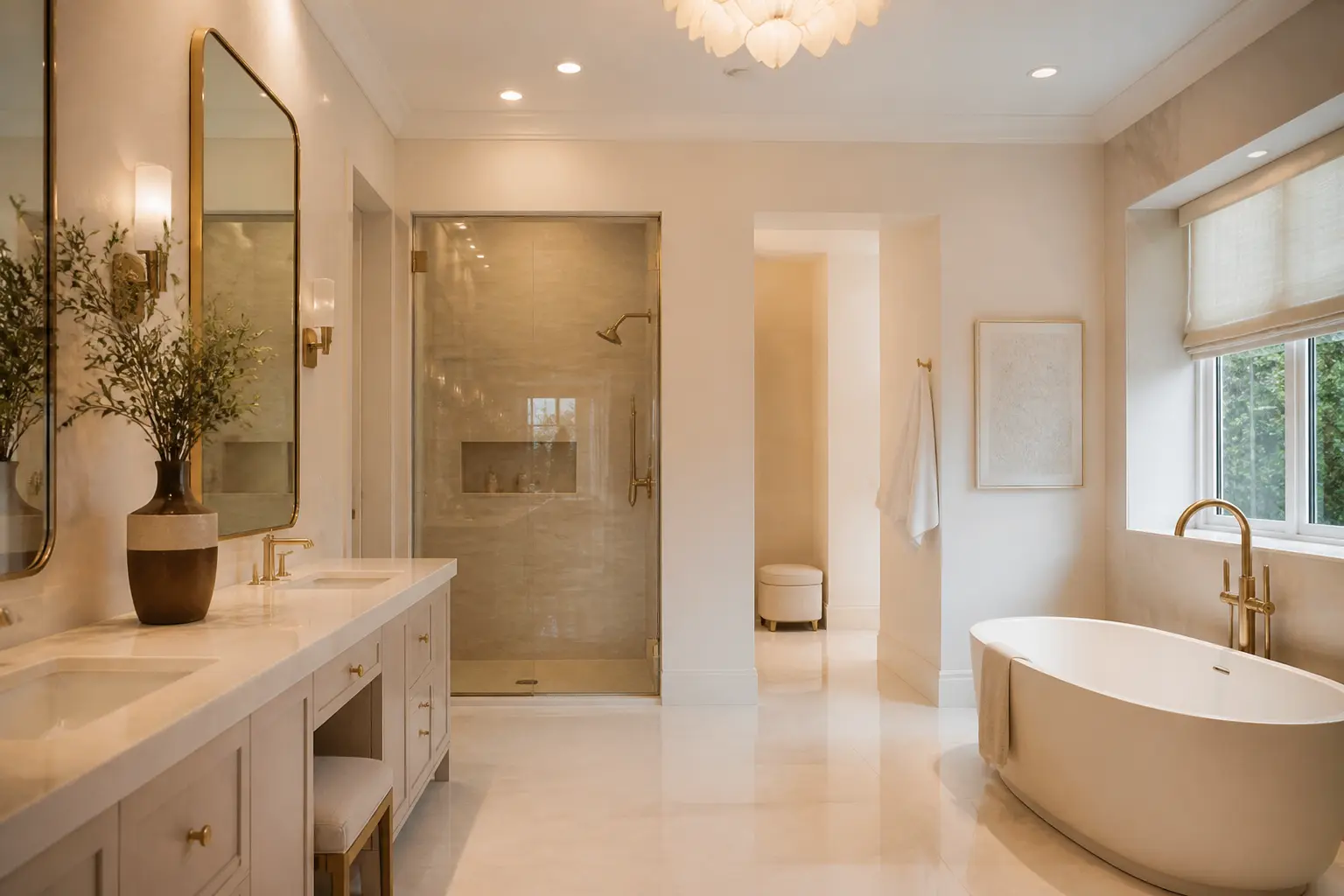 Cream bathroom with brass fixtures, freestanding tub and shower enclosure