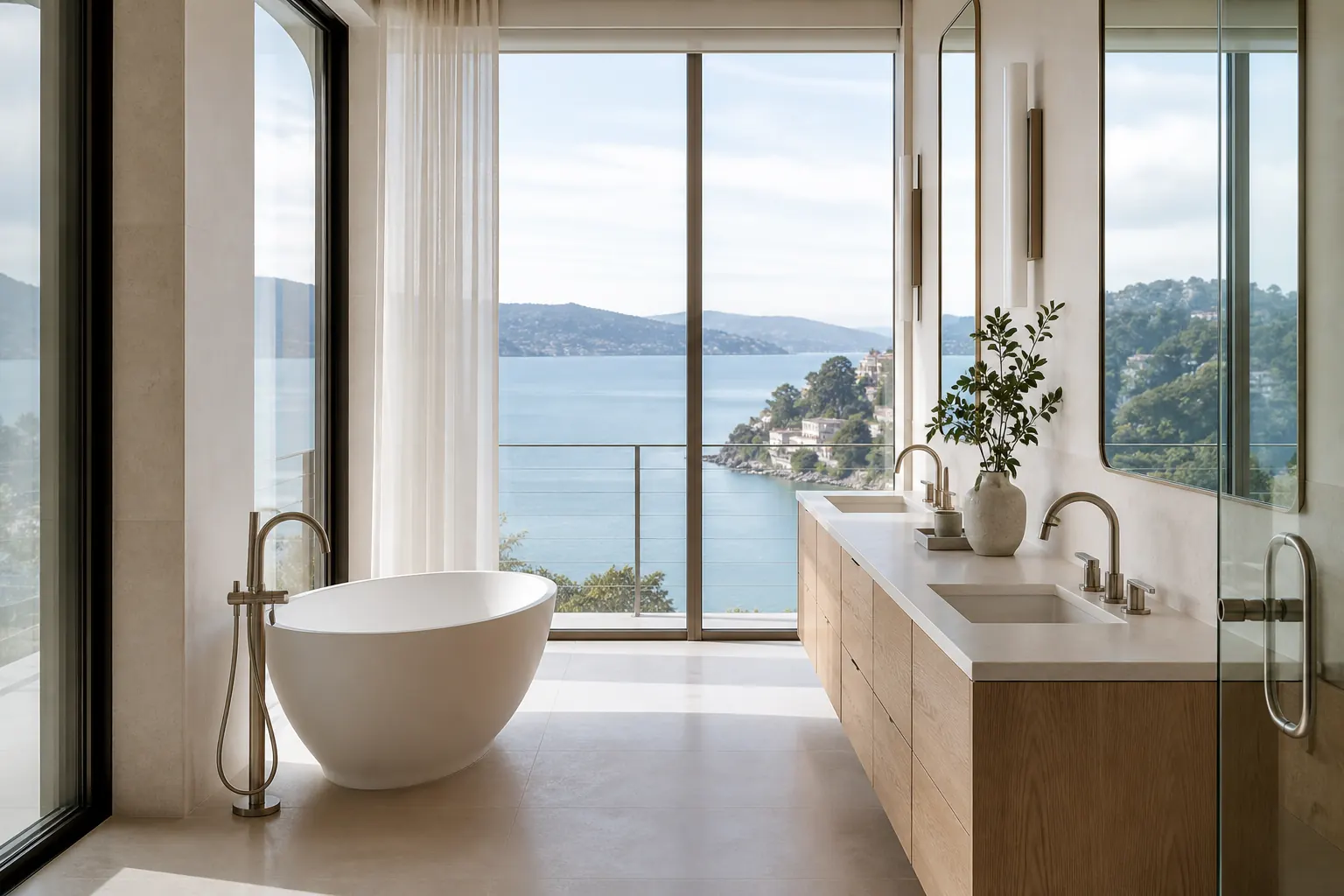 Belvedere waterfront primary bathroom with a freestanding tub, oak vanity and bay views