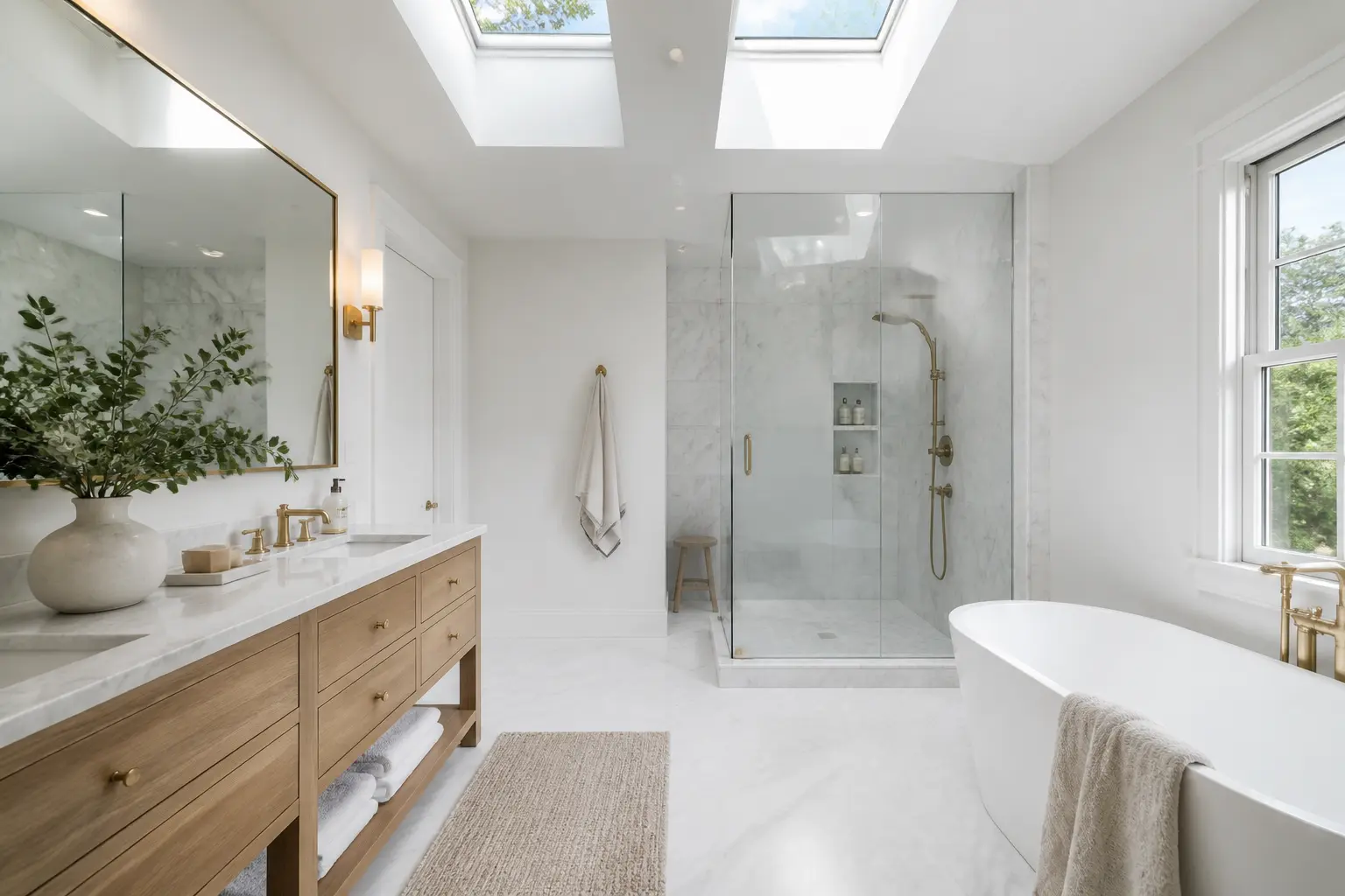 Bright primary bathroom with skylights, oak vanity and marble corner shower