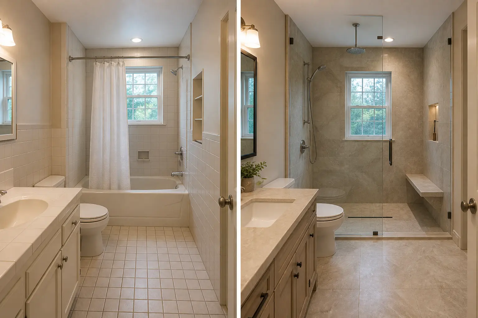 Tub-to-shower conversion before and after, from a curtained alcove tub to a low-curb glass shower with a bench