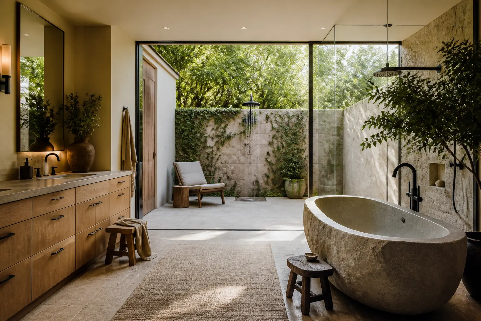Indoor outdoor primary bathroom with carved stone tub and private garden shower