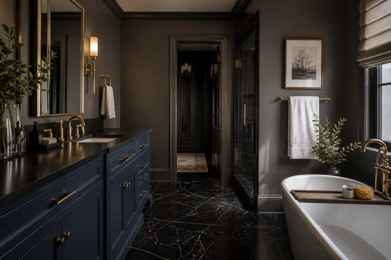 Dark traditional bathroom with navy cabinetry, brass hardware and black marble floor