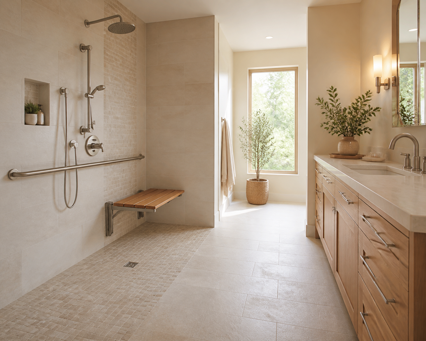 Los Altos accessible bathroom with a curbless shower, grab bars, teak fold-down bench and seated vanity