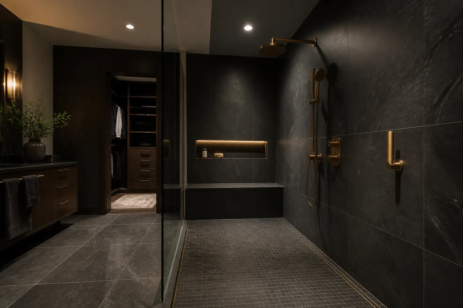 Dark stone tub to shower conversion with brass fixtures and long bench