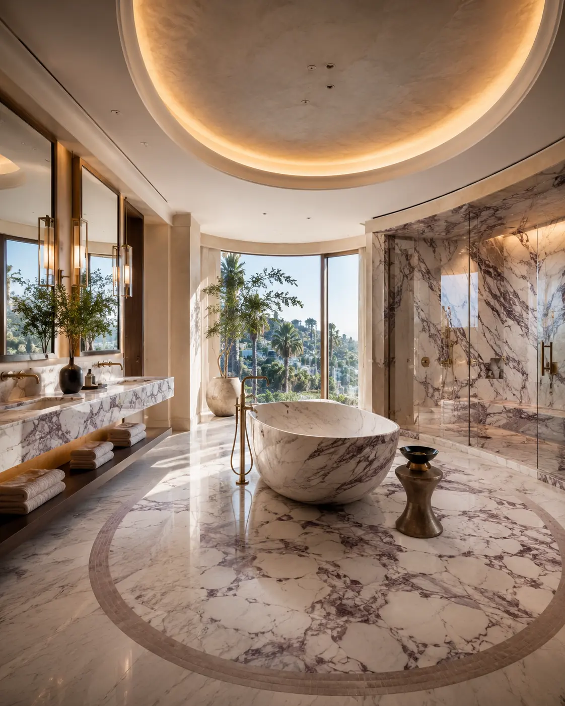 Powder room with deep navy walls, stone vanity and brushed gold sconces