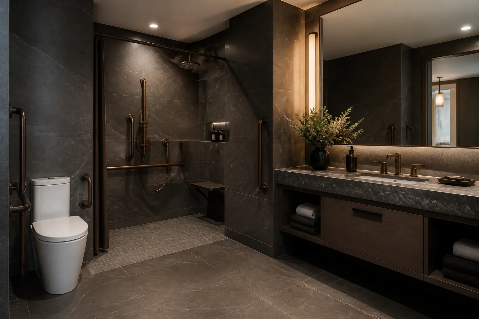 Dark stone accessible bathroom with bronze grab bars, seat and comfort-height toilet