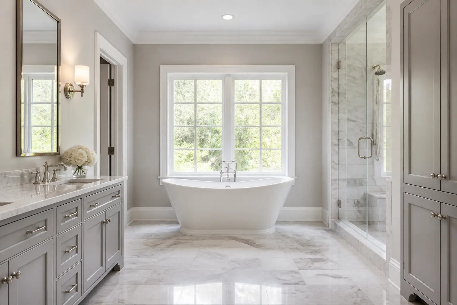 Traditional primary bathroom with grey cabinetry, marble floors and slipper tub