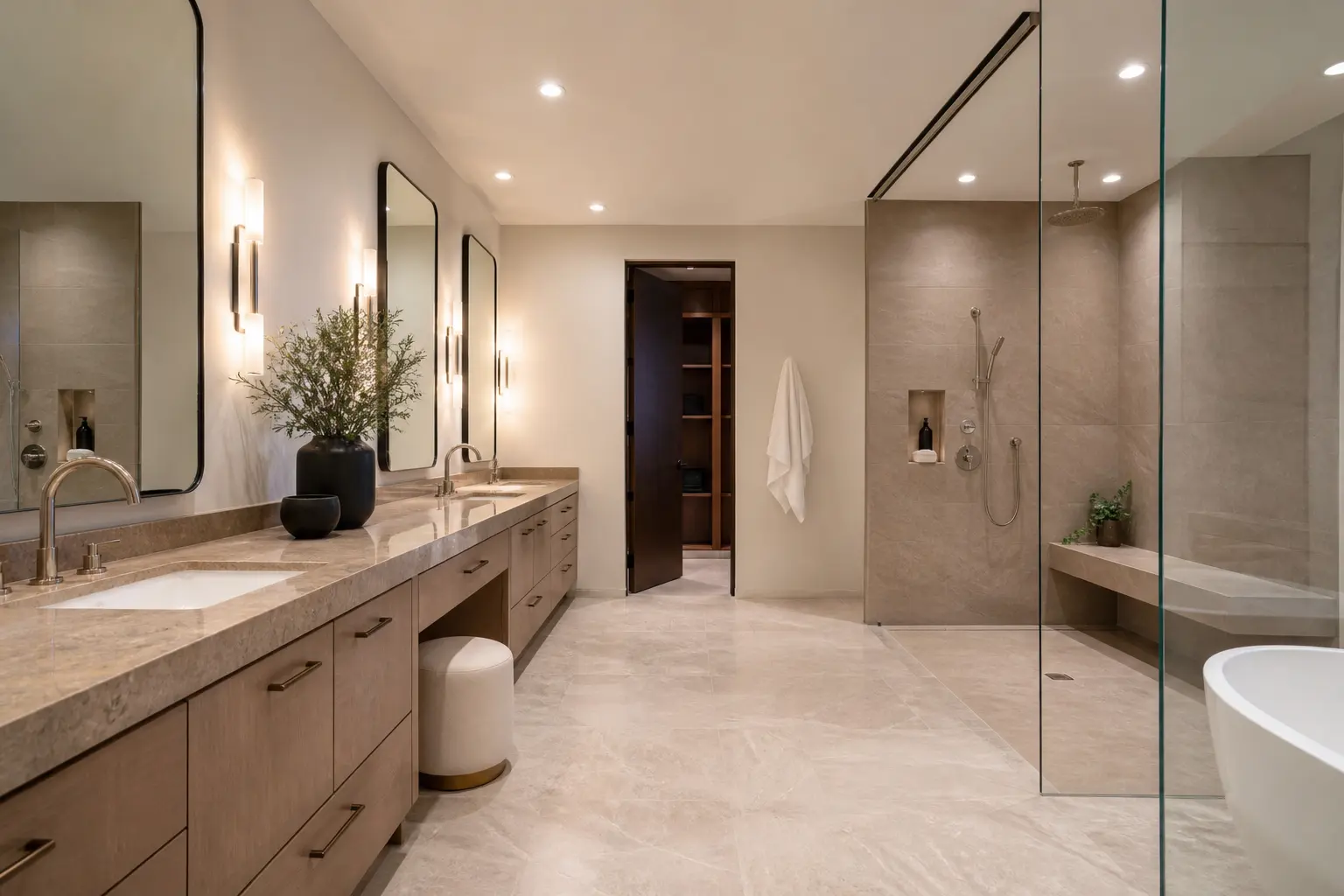 Accessible primary bathroom with seated makeup vanity, bench shower and tub