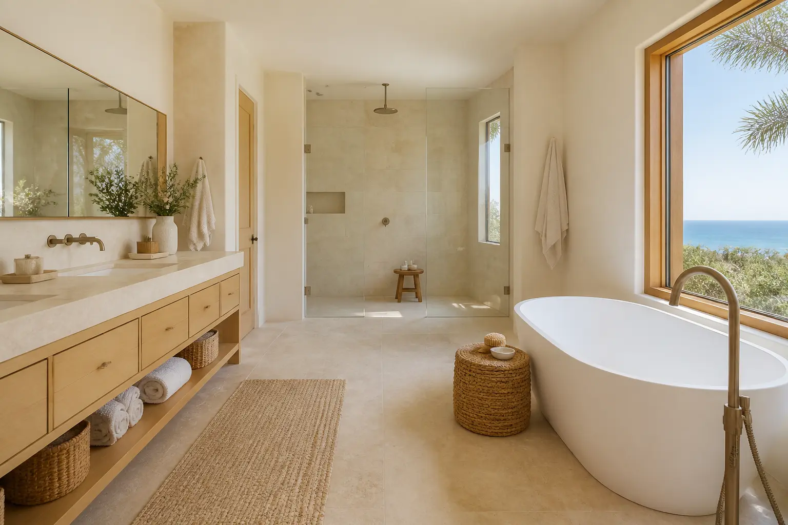 Modern organic coastal bathroom with pale oak vanity and ocean view
