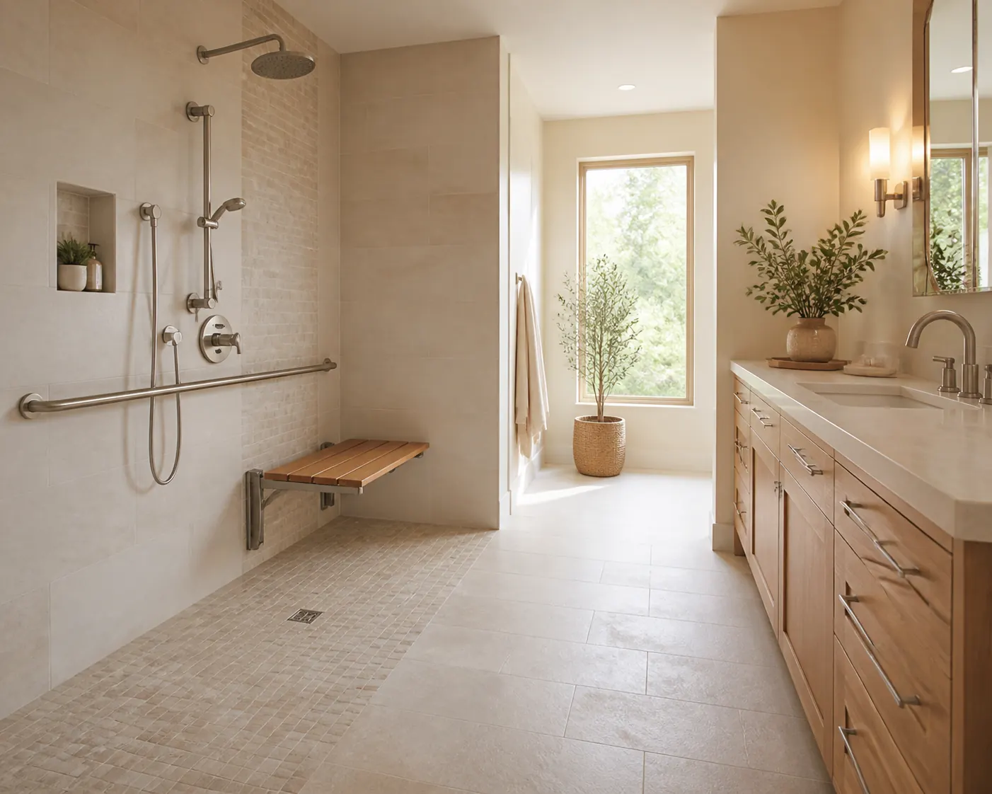 Los Altos accessible bathroom with a curbless shower, grab bars, teak fold-down bench and seated vanity