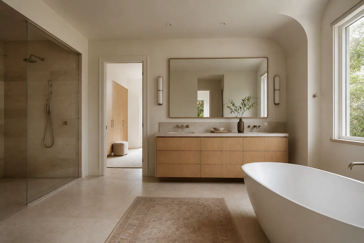 Light bathroom with white oak vanity, curved ceiling and freestanding tub