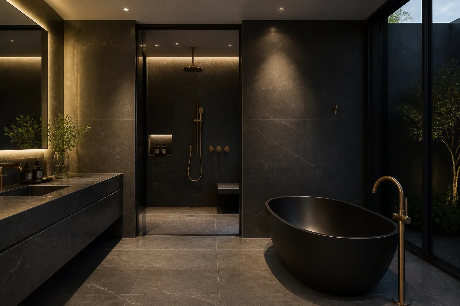 Dark stone bathroom with black freestanding tub, brass tapware and courtyard glazing