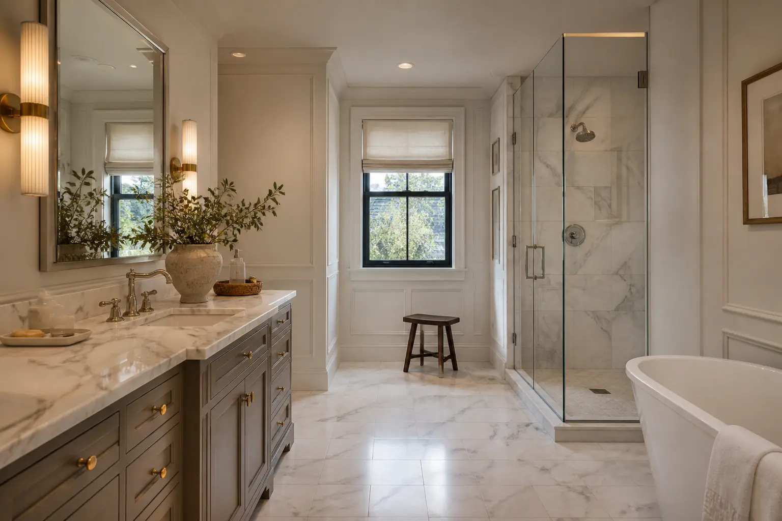 Classic Los Angeles bathroom with paneled walls, marble counters and a glass corner shower