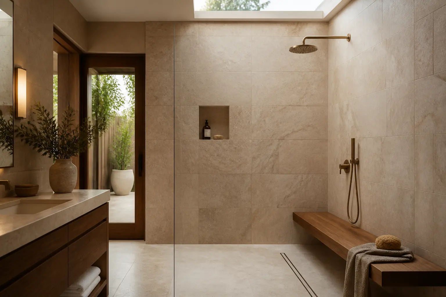 Travertine walk-in shower with skylight, teak bench and brass rain head