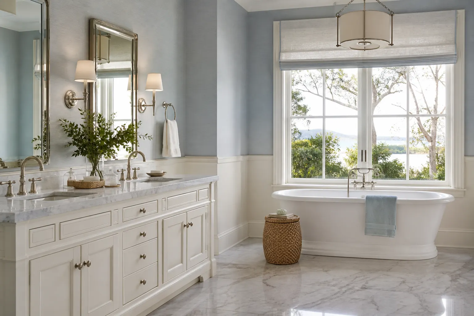 Transitional Belvedere primary bathroom with grasscloth walls, marble counters and a classic soaking tub
