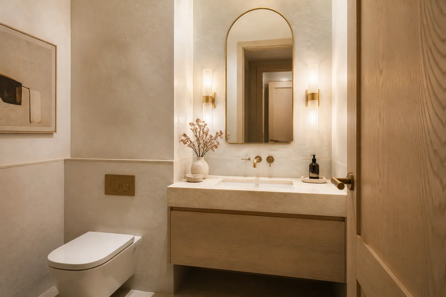 Neutral powder room with arched mirror, oak vanity and wall-hung toilet