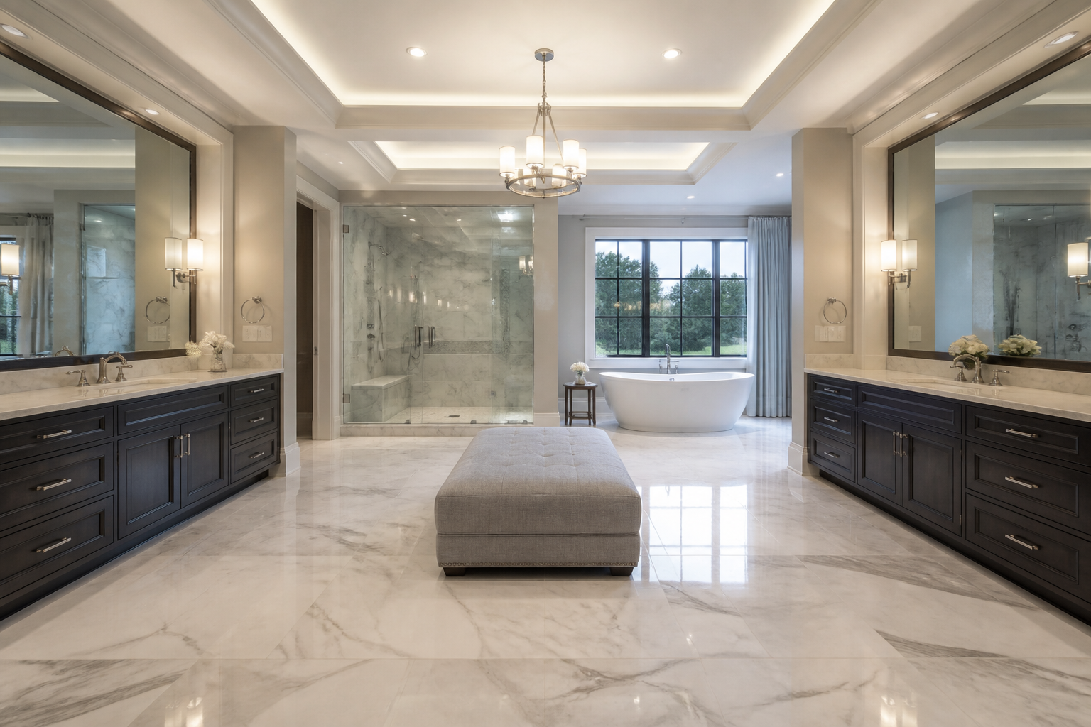 Grand Rolling Hills primary bathroom in Calacatta marble with dual dark cabinetry vanities and a glass marble shower