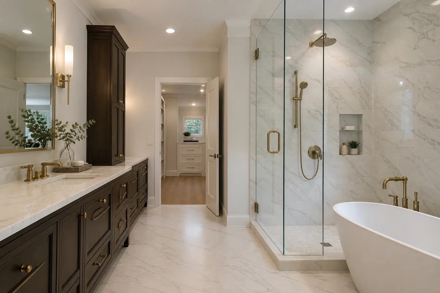 Transitional bathroom with dark wood vanity, marble counter and brass shower fittings