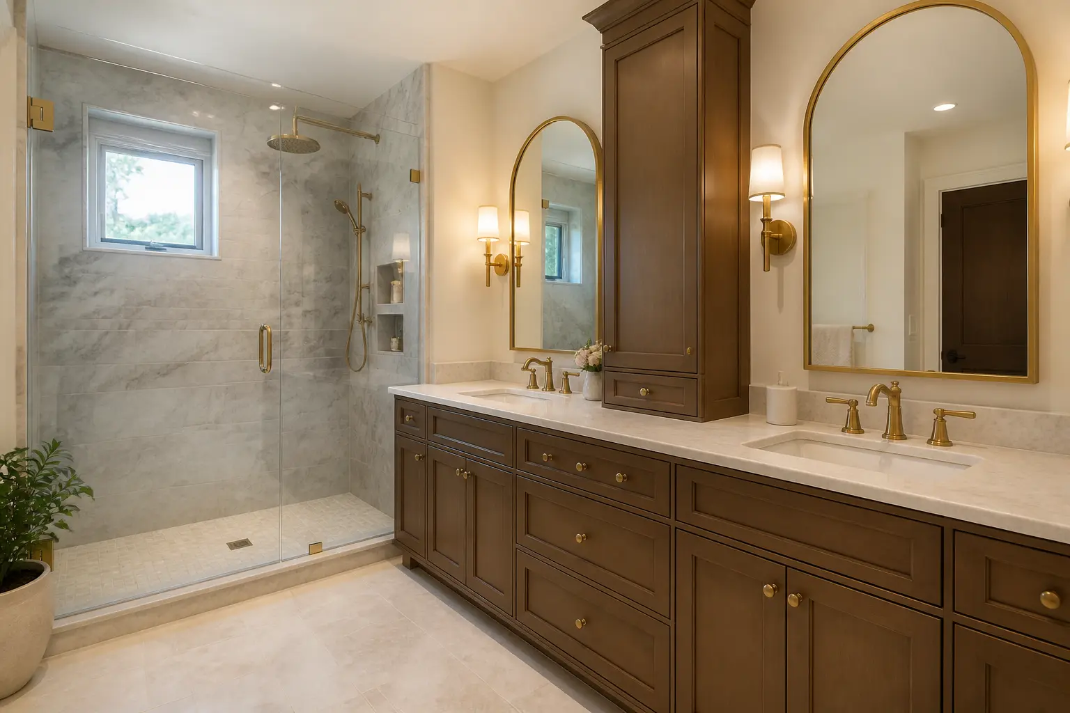 Transitional bathroom with walnut cabinetry, arched brass mirrors and marble shower