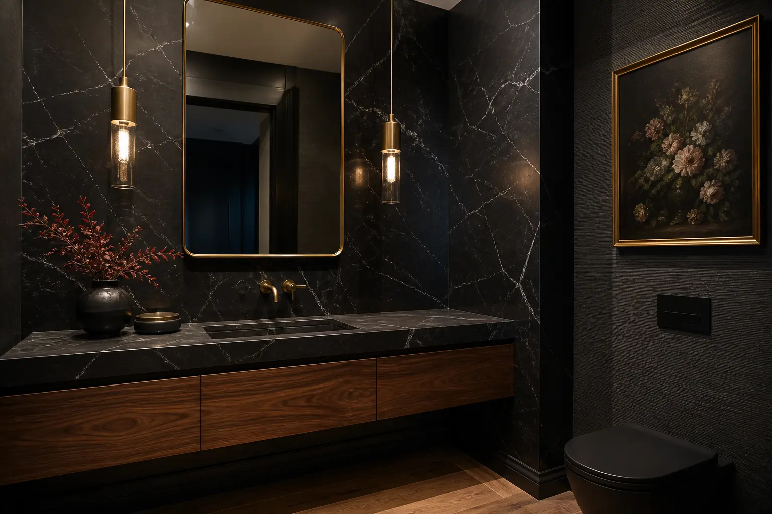 Dramatic powder room with black marble walls, walnut vanity and brass pendants