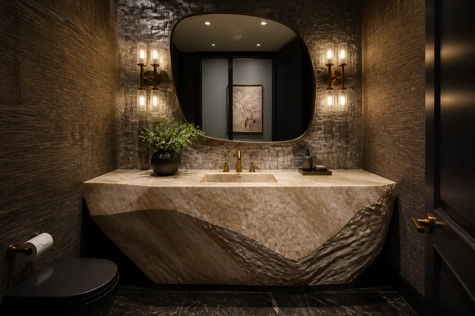 Powder room with carved stone vanity, textured walls and brass sconces