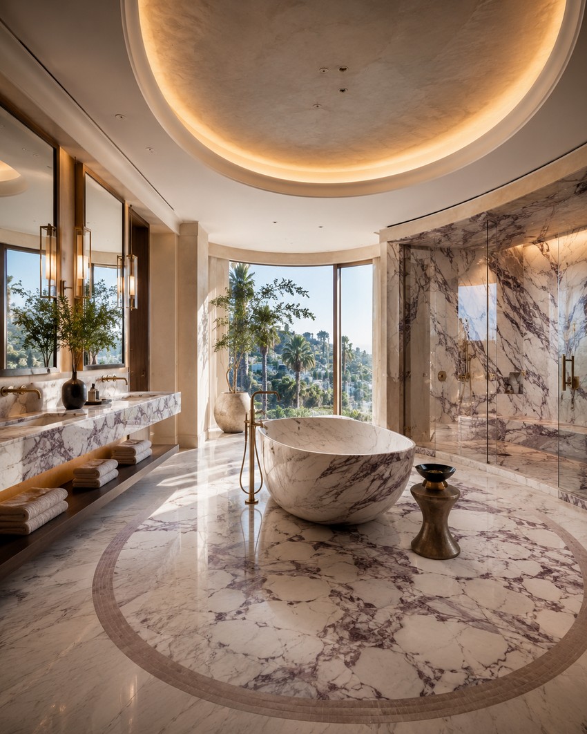 A luxurious bathroom featuring a marble bathtub, marble flooring, and a large window with a view.